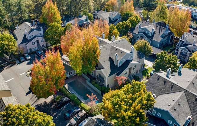 an aerial view of a neighborhood with houses and trees