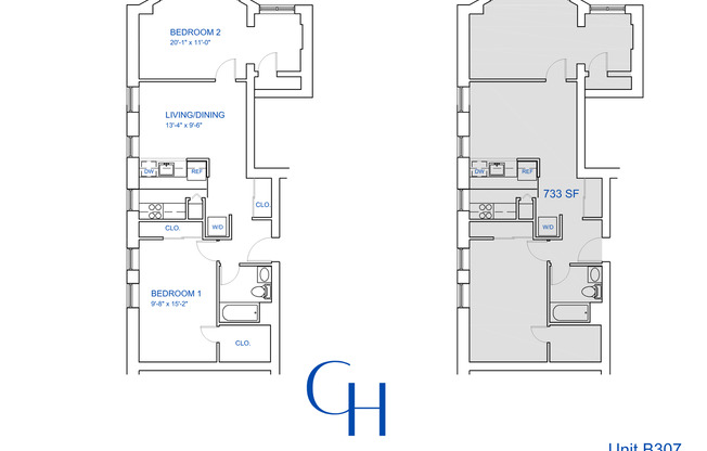 2 beds, 1 bath, 733 sqft, $2,036, Unit B-307