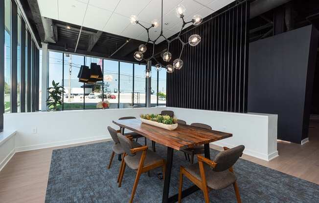 Lobby with stylish table and lighting at Steelcote Square, St. Louis, MO, 63103