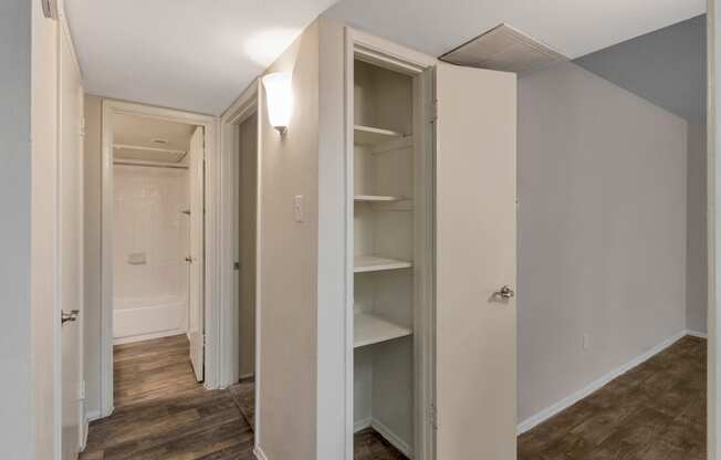 This is a photo of the linen closet in the 650 square foot 1 bedroom, 1 bath apartment at Preston Park Apartments in Dallas, TX