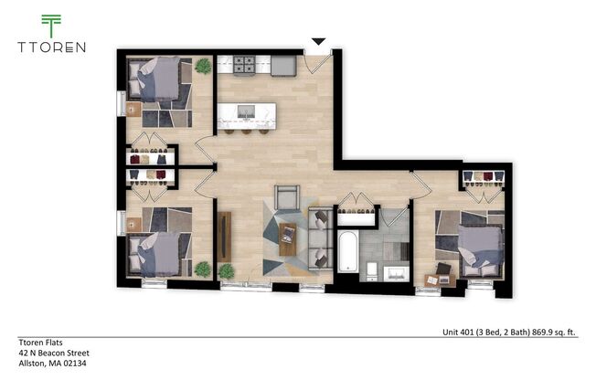 3 beds, 1 bath, 869 sqft, $3,925, Unit 401