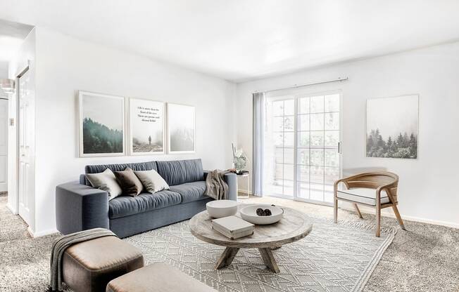 Model Living Room with Sliding Glass Patio Door, Coffee Table, Area Rug