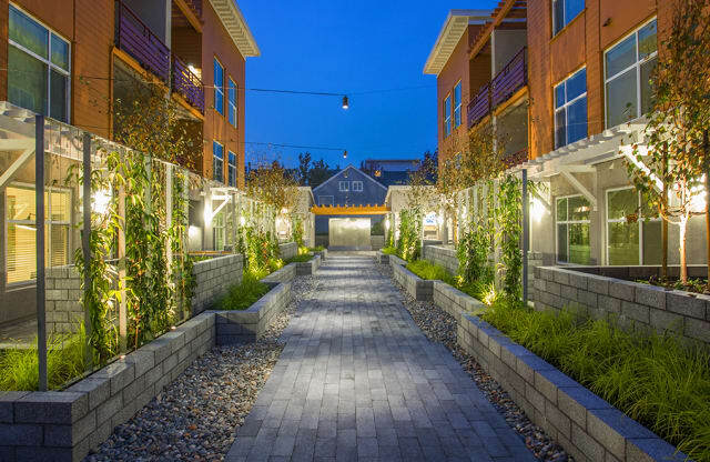 San Mateo Apartments - Mode Apartments - Well Lit Courtyard at Night with Beautiful Landscaping for A Scenic View