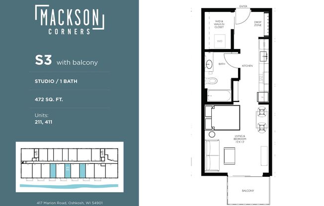 Studio, 1 bath, 472 sqft, $1,350, Unit 307