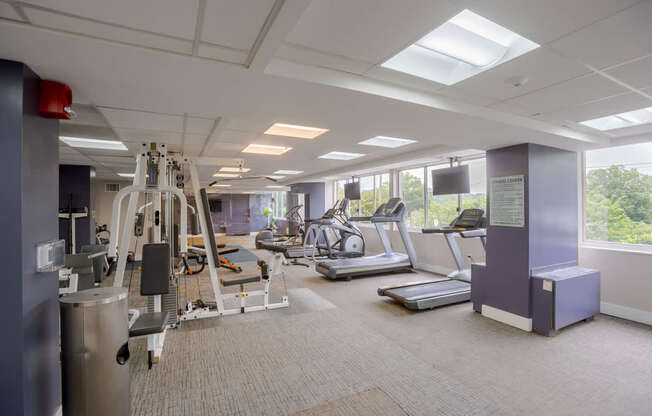 A gym with treadmills, exercise bikes, and other equipment.