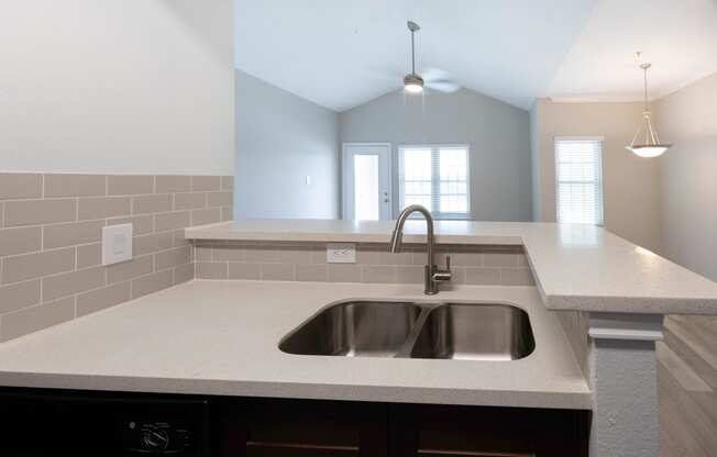 a kitchen with a sink and a window