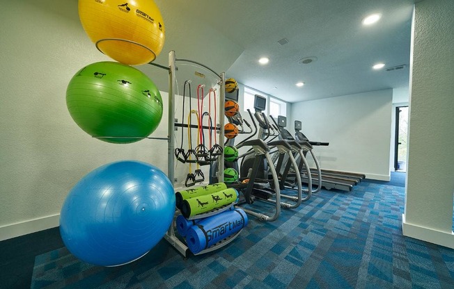 A gym with a blue ball, a green ball, a yellow ball, and a blue and green exercise machine.