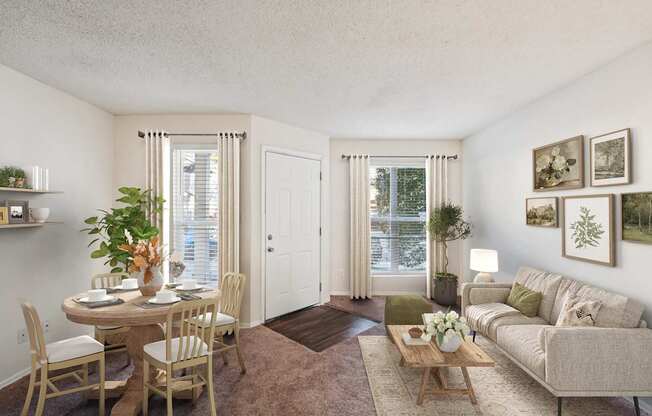 A living room with a dining table and chairs.