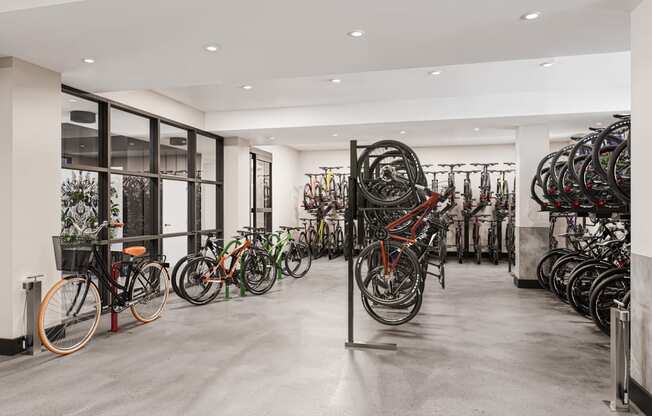 a room full of bikes on display in a store at Link Apartments® CYKEL Apartments, Charlotte 