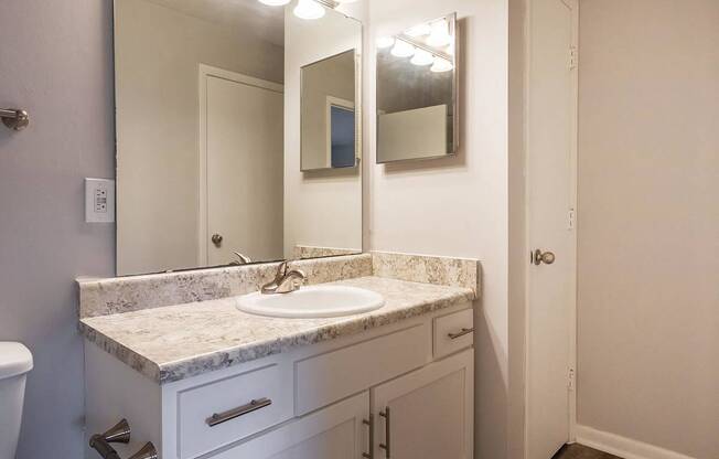 A bathroom with a marble countertop and a large mirror above it.