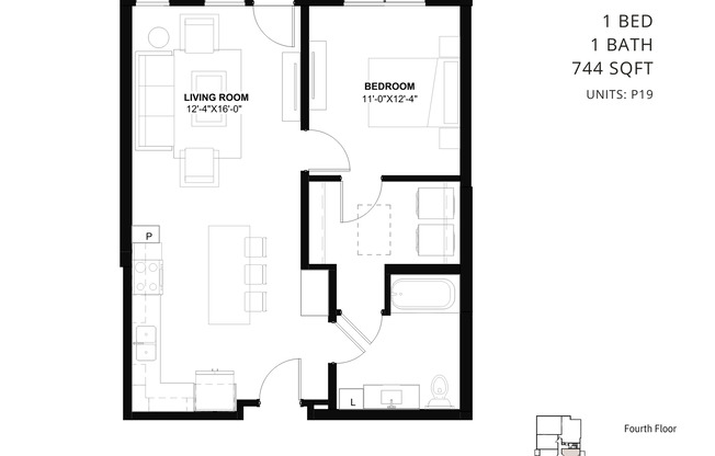 1 bed, 1 bath, 744 sqft, $2,195, Unit P19