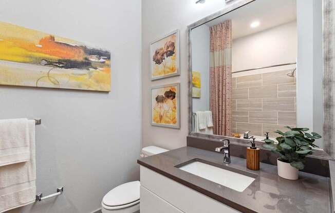 A bathroom with a toilet, sink, mirror, and a painting on the wall.
