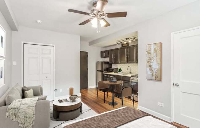A modern living room with a grey couch and a brown rug.