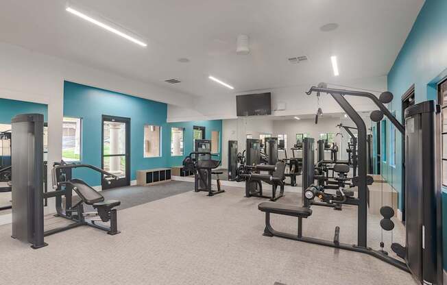 A gym with a variety of equipment including a bench press, a squat rack, and a leg press machine.