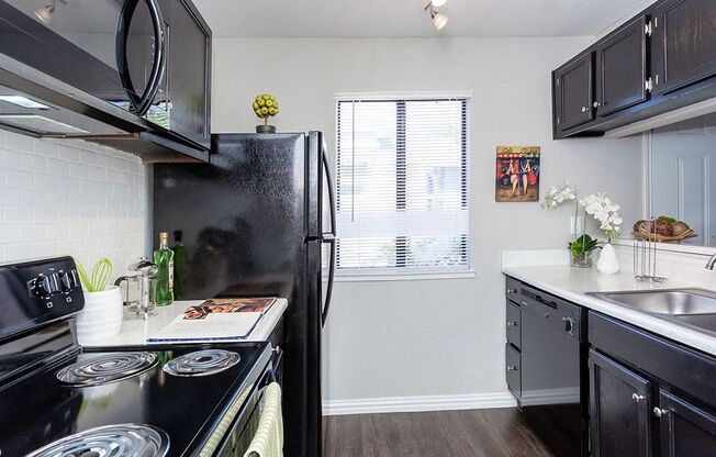 a kitchen with black appliances and a window