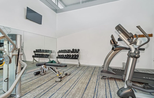 Fitness center interior with exercise equipment at Stone Ends apartments in Stoughton, MA