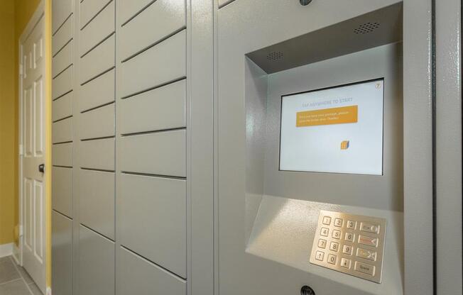 a filing cabinet with a calculator on the door