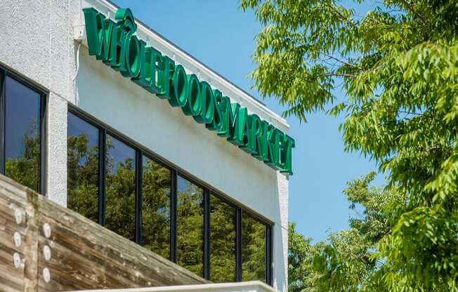 the side of a building with windows and trees