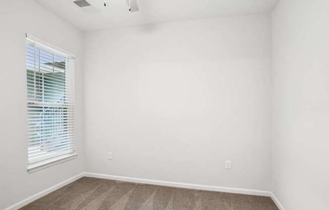 A room with a window and a carpeted floor.