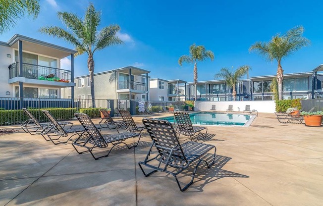 a swimming pool with chaise lounge chairs and palm trees in the background at  Park Avenue Apartments, California,90815