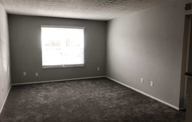 a room with gray walls and a window