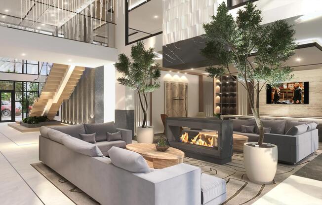 Resident lounge with gathering space, coffee bar, and fireplace at Modera Kierland in Scottsdale, AZ.