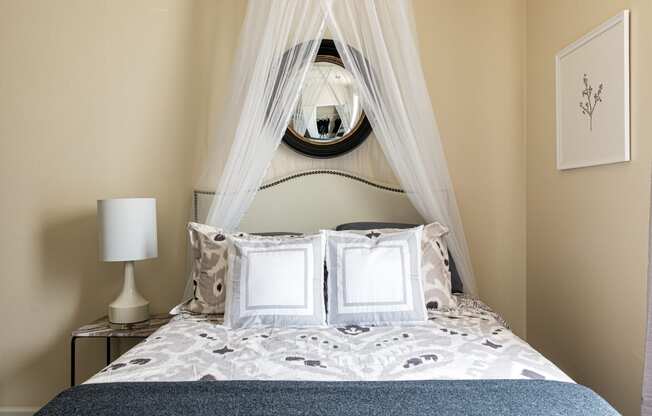 a bedroom with a bed with white bedding and a white canopy over it