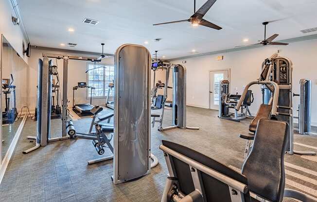 A gym with a variety of equipment including treadmills, weights, and a bench press.