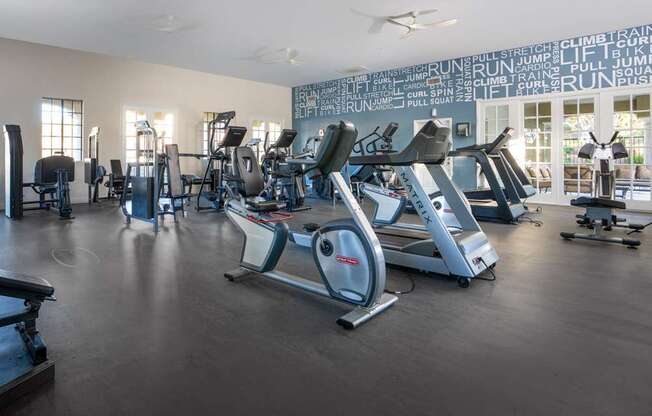 A gym with a variety of equipment including treadmills, stationary bikes, and weight machines.