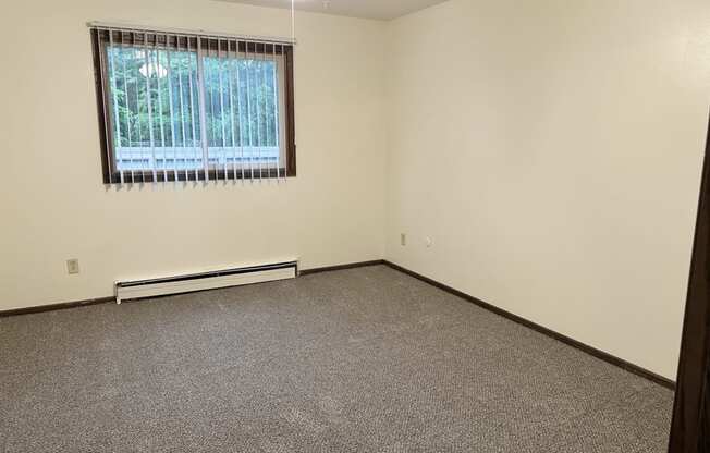 an empty living room with carpet and a window