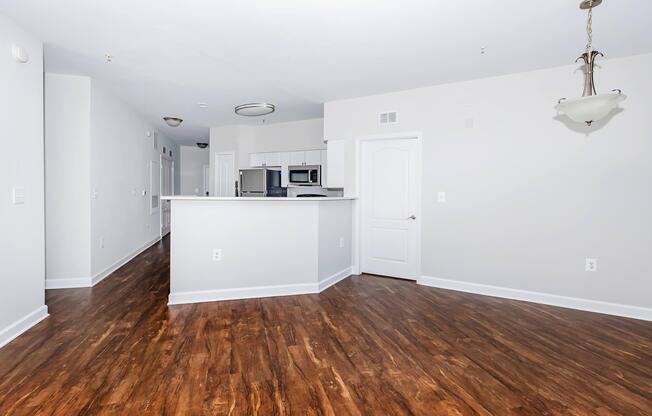 Spacious, modern apartment interior featuring a light-filled living area with hardwood-style flooring, a kitchen bar with seating, stainless steel appliances, and neutral-colored walls. The open layout provides a seamless flow between the living space and kitchen area.