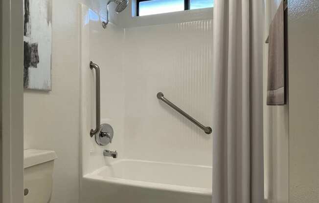 a bathroom with a toilet and a tub and a shower curtain