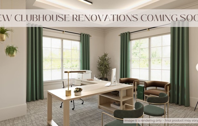 A room with a white table and green chairs is shown with a sign that says "NEW CLUBHOUSE RENOVATIONS COMING SOON!".