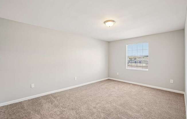 A room with a carpeted floor and a window.