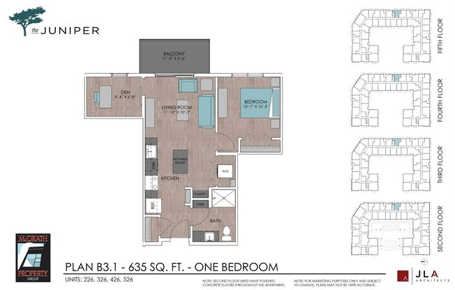 1 bed, 1 bath, 635 sqft, $1,630, Unit 326