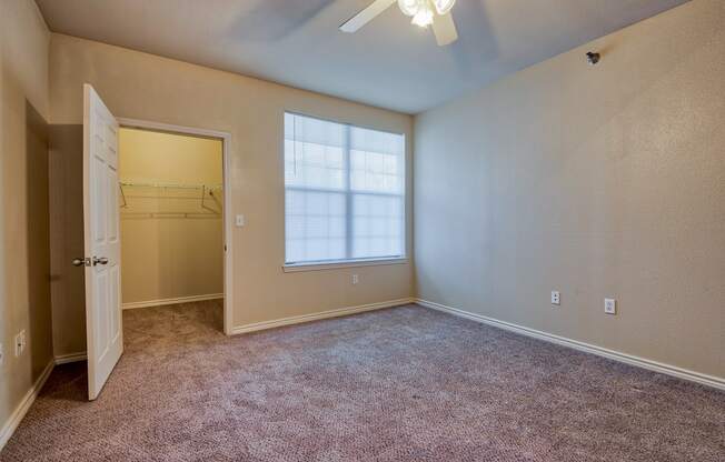 a bedroom with carpet and a large window