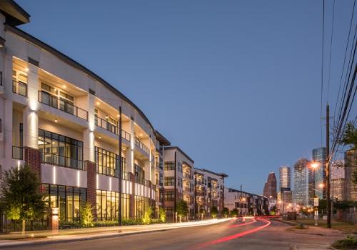 exterior evening view of Tinsley on the Park apartments