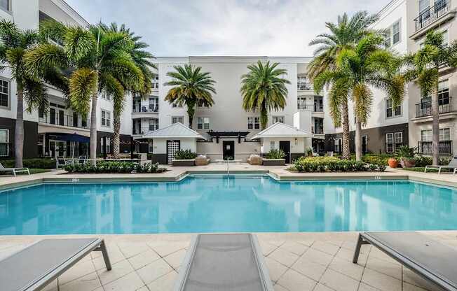 A large swimming pool surrounded by palm trees and lounge chairs.