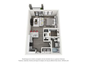 Studio, 1 bath, 612 sqft, $1,334