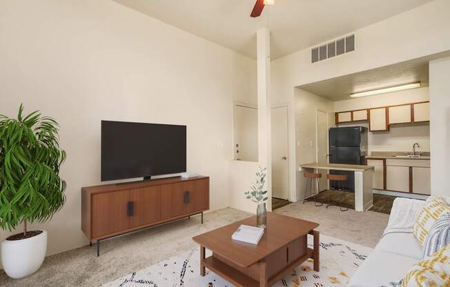 A living room with a television, a plant, and a bed.