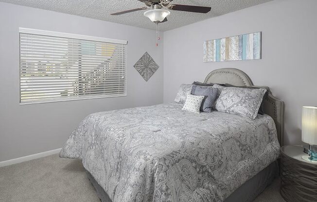 Spacious Bedroom with Ceiling Fan and Light