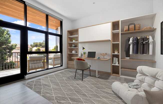 Living room with a couch and a desk and a window at Edendale Crossing, Los Angeles, CA 90026