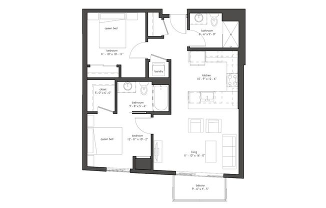 2 beds, 2 baths, 881 sqft, $1,787, Unit 309