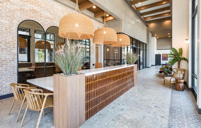 A warm welcome starts here—our leasing lounge blends modern textures with desert-inspired design for a fresh take on hospitality.
