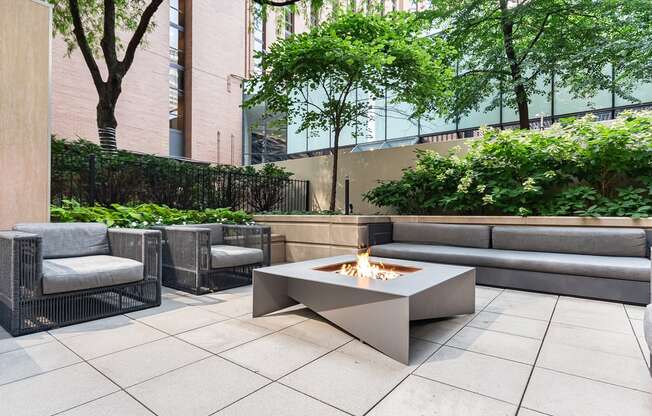 Fire pit and seating area at Columbus Plaza, Illinois