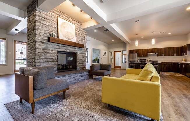 clubhouse with seating and fireplace