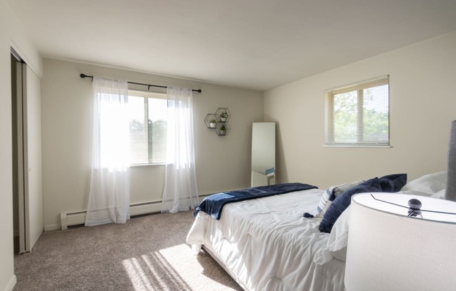 This is a photo of the bedroom in a 560 square foot, 1 bedroom, 1 bath apartment at Aspen Village Apartments in Cincinnati, OH.