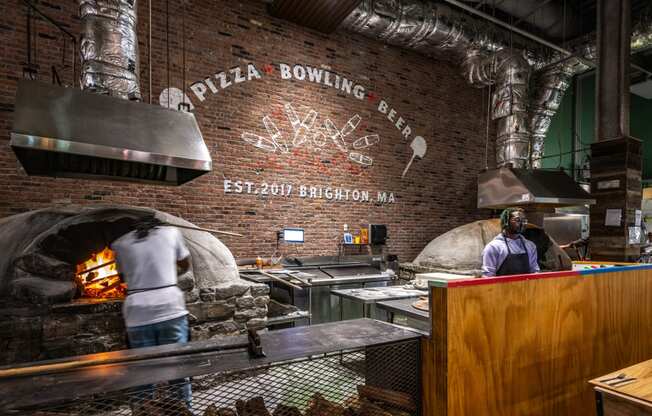 Brick oven pizza making at Boston Landing, Allston MA