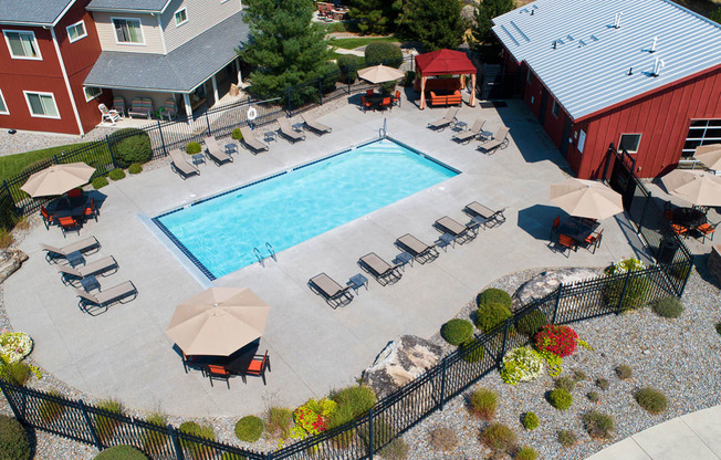 Pine Valley Ranch Apartments Community Pool and Patio Aerial View