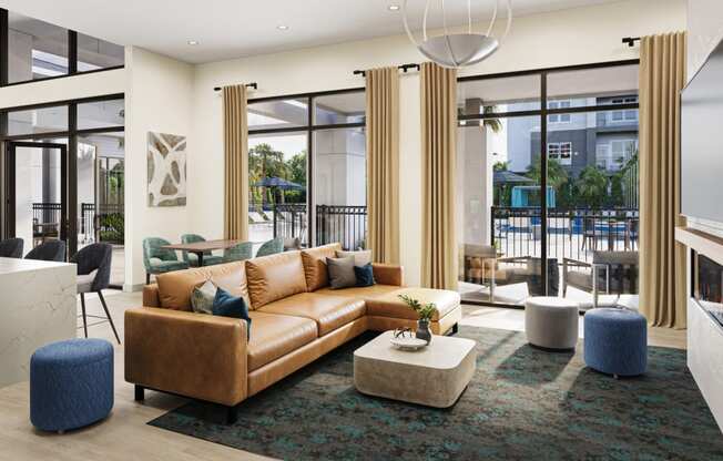 a living room with a leather couch and a coffee table
